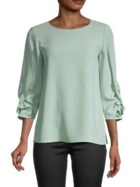 Lafayette 148 Perrin Ruffle Sleeve Finesse Blouse $498 Aqua 3/4 Crepe Top Med